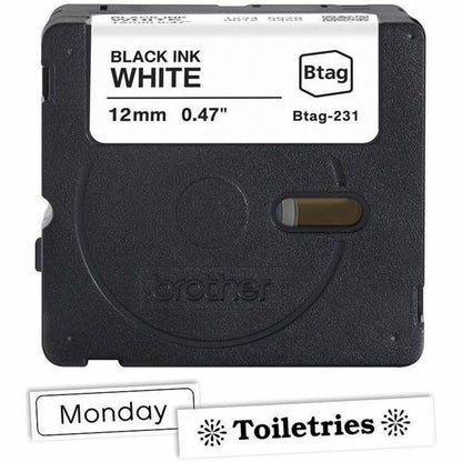 P-touch BTAG-231 Black on White Label Tape - x 15/32" Width x 13 1/8 ft Length - Removable Adhesive - Black on White - P