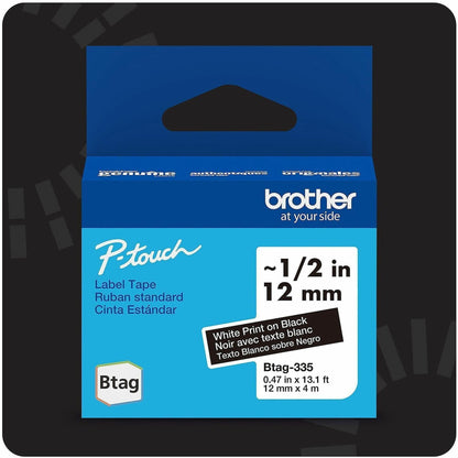 P-touch BTAG-335 White on Black Label Tape - x 15/32" Width x 13 1/8 ft Length - Removable Adhesive - White on Black - P
