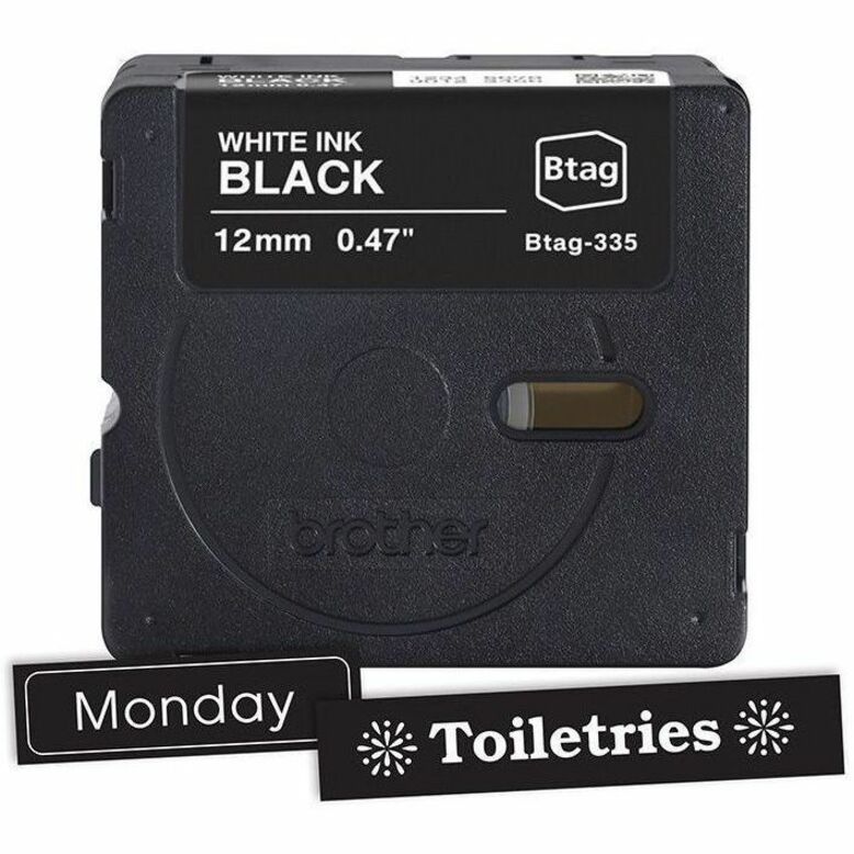 P-touch BTAG-335 White on Black Label Tape - x 15/32" Width x 13 1/8 ft Length - Removable Adhesive - White on Black - P