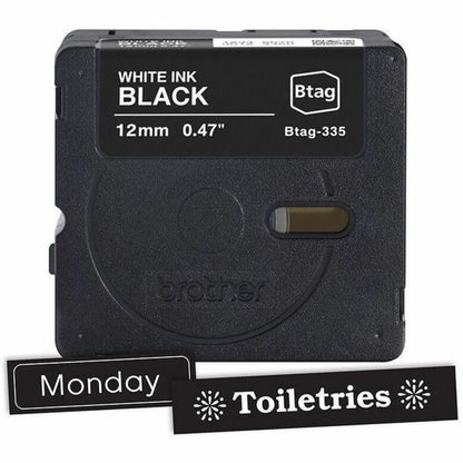P-touch BTAG-335 White on Black Label Tape - x 15/32" Width x 13 1/8 ft Length - Removable Adhesive - White on Black - P