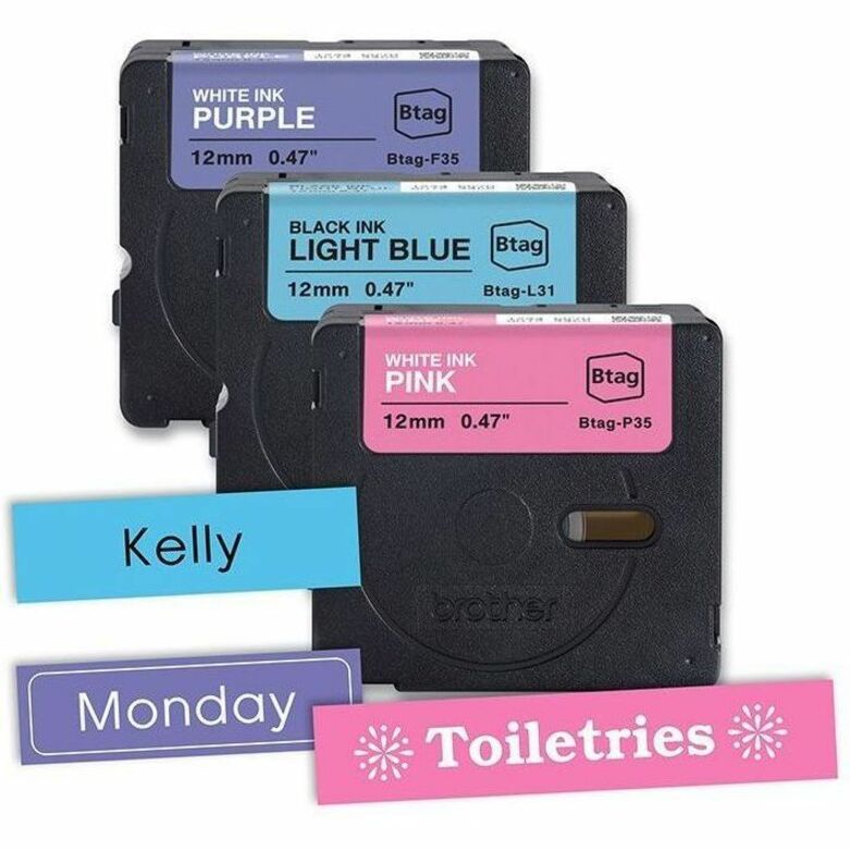 P-touch Label Tape - x 15/32" Width x 13 1/8 ft Length - Removable Adhesive - White on Purple, Black on Light Blue, Whit