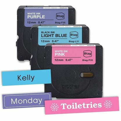 P-touch Label Tape - x 15/32" Width x 13 1/8 ft Length - Removable Adhesive - White on Purple, Black on Light Blue, Whit