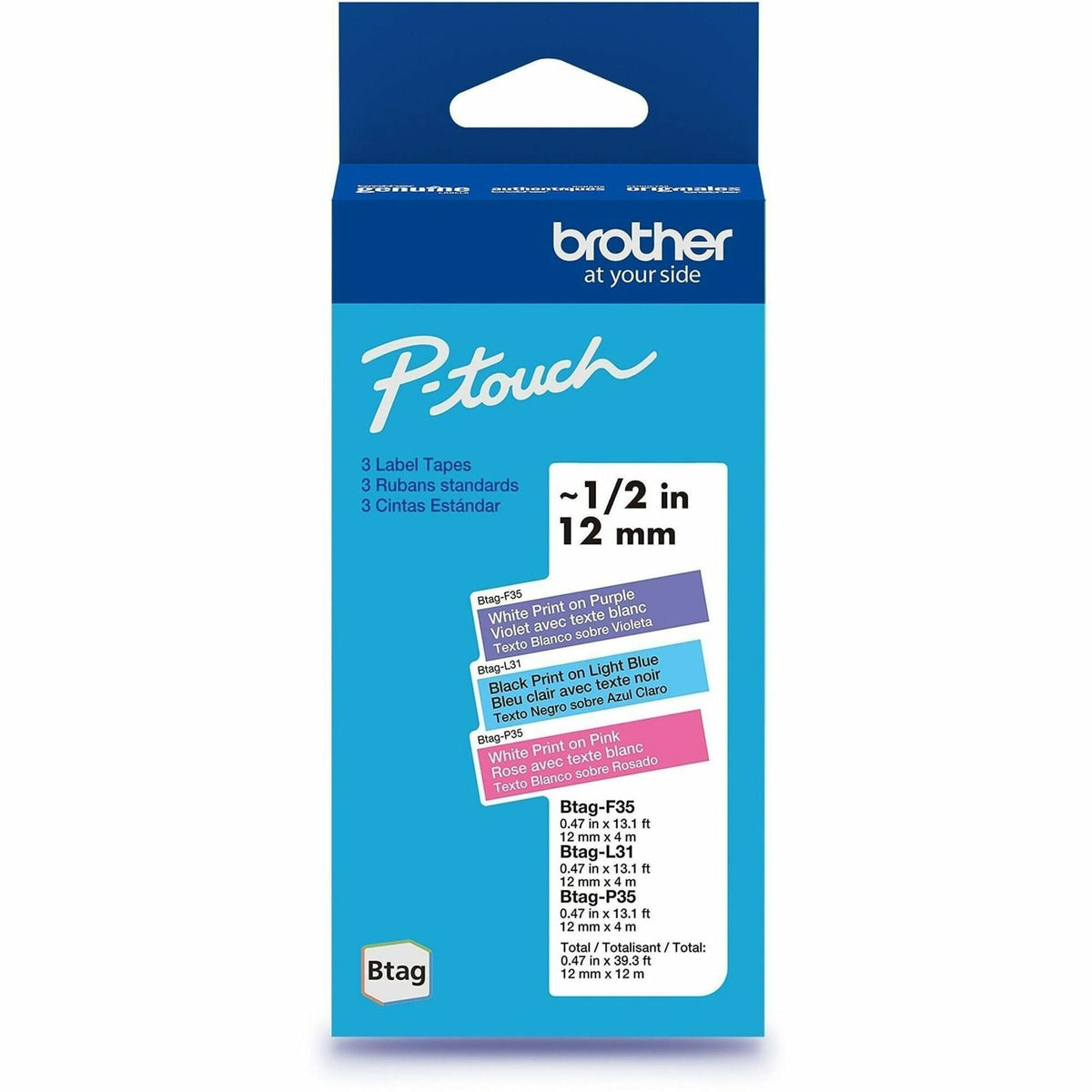 P-touch Label Tape - x 15/32" Width x 13 1/8 ft Length - Removable Adhesive - White on Purple, Black on Light Blue, Whit