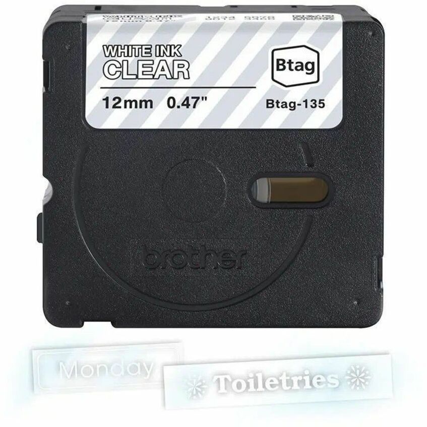 P-touch BTAG-135 White on Clear Label Tape - x 15/32" Width x 13 1/8 ft Length - Removable Adhesive - White on Clear - P