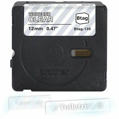 P-touch BTAG-135 White on Clear Label Tape - x 15/32" Width x 13 1/8 ft Length - Removable Adhesive - White on Clear - P