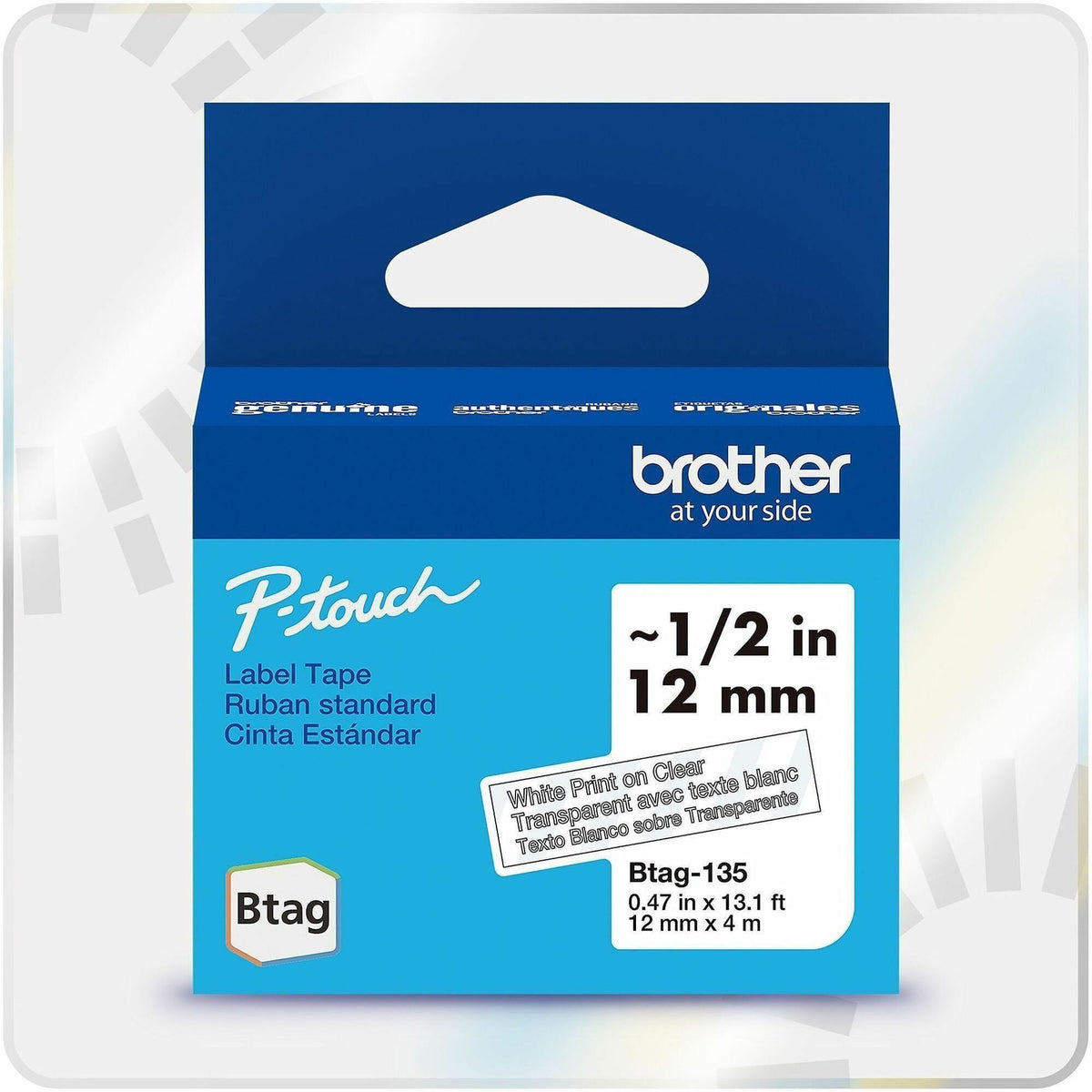 P-touch BTAG-135 White on Clear Label Tape - x 15/32" Width x 13 1/8 ft Length - Removable Adhesive - White on Clear - P