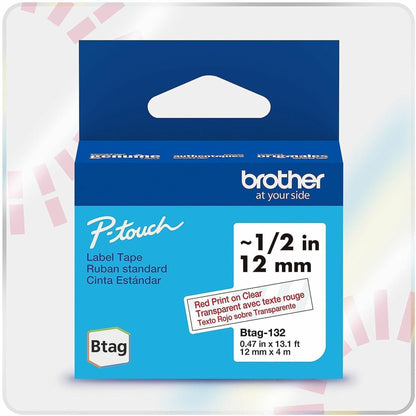 P-touch BTAG-132 Red on Clear Label Tape - x 15/32" Width x 13 1/8 ft Length - Removable Adhesive - Clear - Plastic - Wa