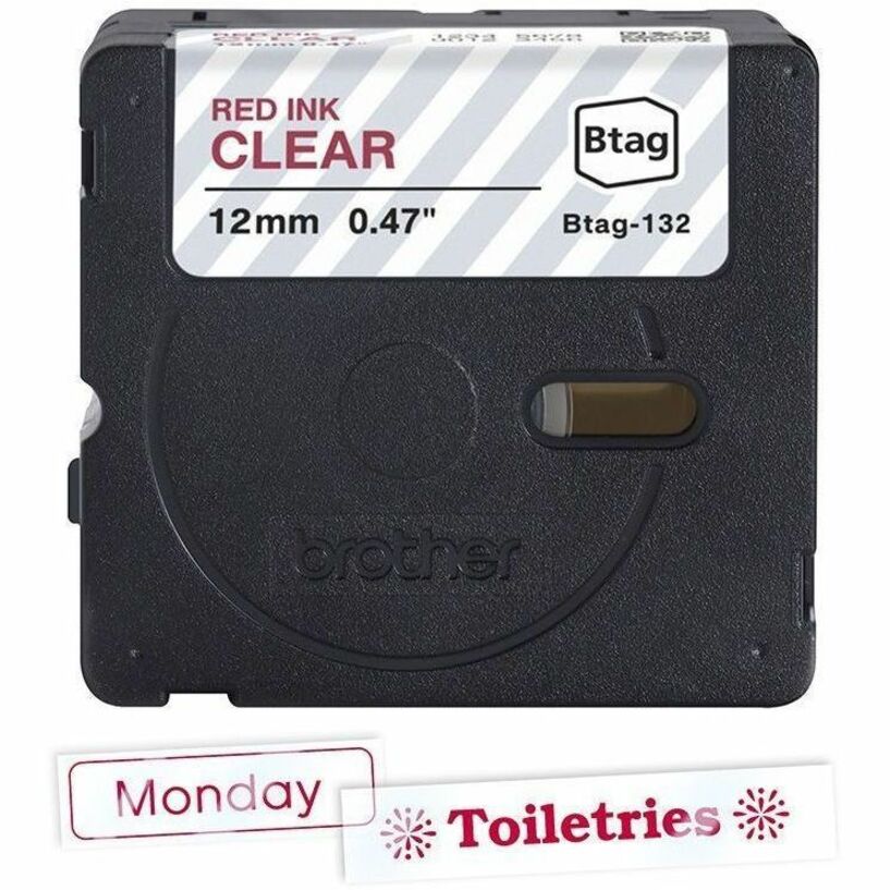 P-touch BTAG-132 Red on Clear Label Tape - x 15/32" Width x 13 1/8 ft Length - Removable Adhesive - Clear - Plastic - Wa
