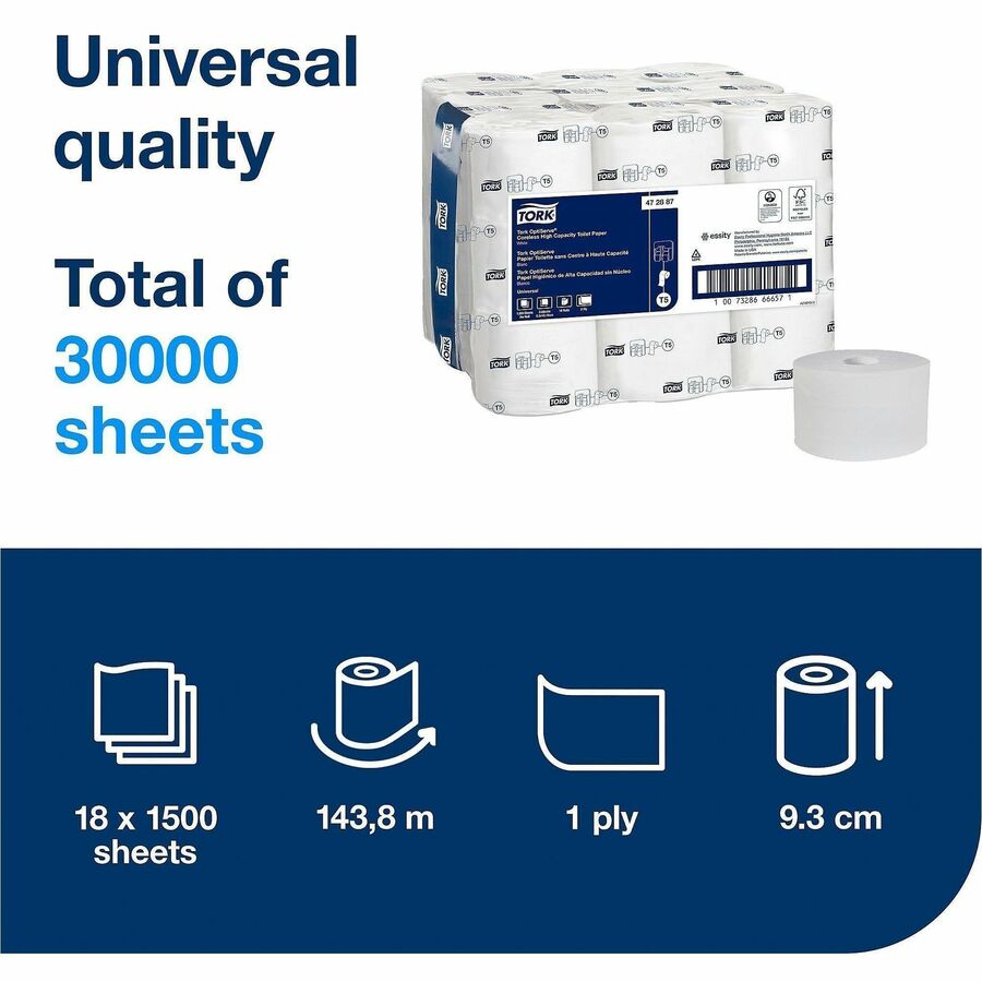 TORK OptiServe High Capacity Coreless Toilet Paper White T5 - 2 Ply - 3.70" Width x 500 ft Length - White - 1500 Sheets 
