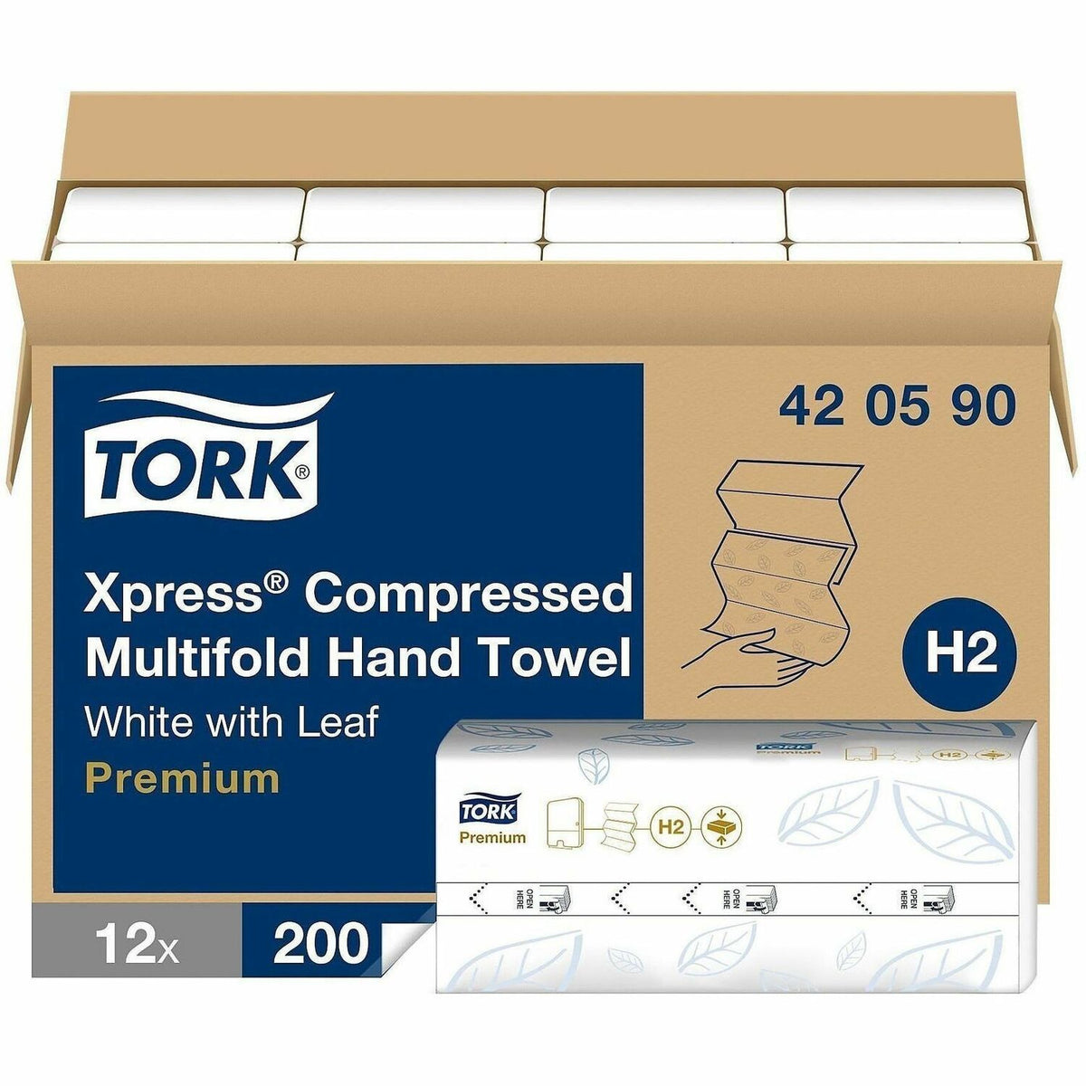 TORK Xpress Compressed Multifold Hand Towel White H2 - 1 Ply - Multifold - 8.30" Width x 9.50" Length - Leaf-Printed - W