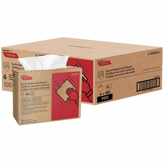Cascades PRO Tuff-Job Interfold Wipers, 4-Ply, White, 150 sheets, 6 packs/pack - 4 Ply - Interfolded - 9.75" Width x 16.