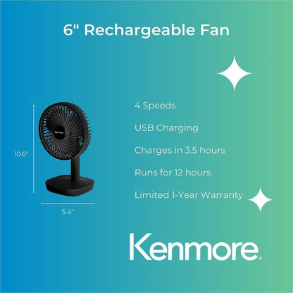 Kenmore 6" Rechargeable Fan - 4 Speed - Rechargeable, Lightweight, Quiet Operation - Black - 1 Each