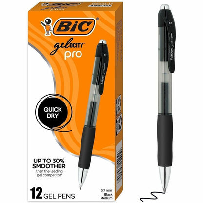 BIC Gelocity Pro Gel Pen - 0.7 mm Medium Pen Point - Retractable - Black Ink - Gel-based - Round Barrel - 12 / Dozen