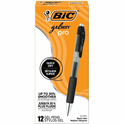 BIC Gelocity Pro Gel Pen - 0.7 mm Medium Pen Point - Retractable - Black Ink - Gel-based - Round Barrel - 12 / Dozen