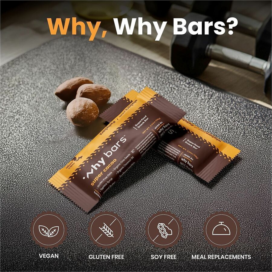 Why Bars Superfood Protein Snack Bars - Gluten-free, Dairy-free, Soy-free, Non-GMO, Individually Wrapped - Super Cacao -