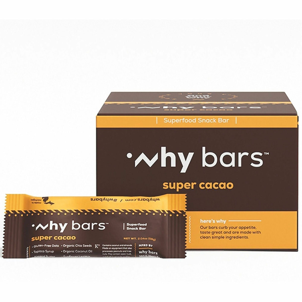 Why Bars Superfood Protein Snack Bars - Gluten-free, Dairy-free, Soy-free, Non-GMO, Individually Wrapped - Super Cacao -