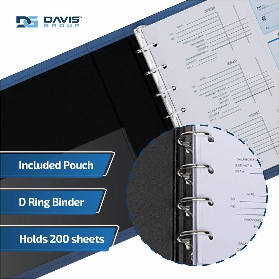 Davis Group Premium 3-Up Business Checkbook Binder - 200 Sheet Capacity - 7 Ring - Pocket: Internal - Vinyl - Navy Blue 