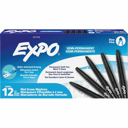 Expo Wet Erase Markers, Fine Tip - Erasable - Black Ink - Glass, Home, Office - 12 / Dozen