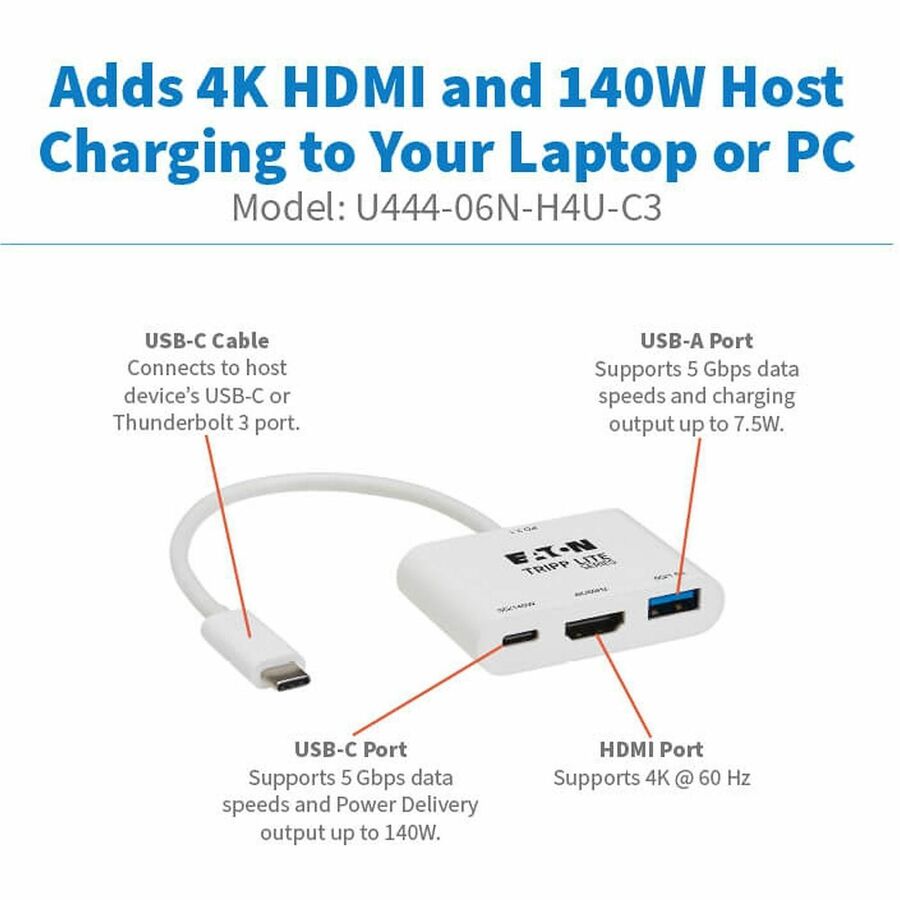 Tripp Lite series U444-06N-H4U-C3 HDMI/USB/USB-C Audio/Video Adapter - 1 x USB 3.2 (Gen 1) Type C - Male - 1 x HDMI Digi