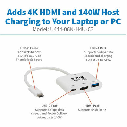 Tripp Lite series U444-06N-H4U-C3 HDMI/USB/USB-C Audio/Video Adapter - 1 x USB 3.2 (Gen 1) Type C - Male - 1 x HDMI Digi