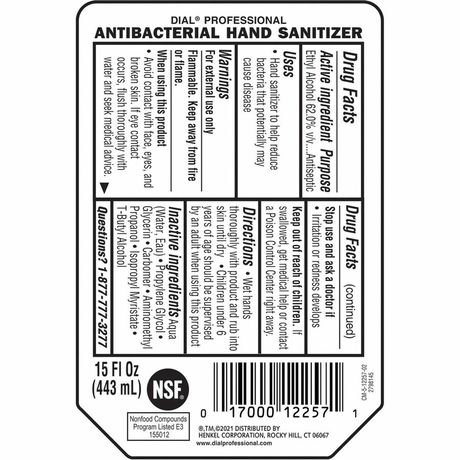 Dial Professional Hand Sanitizer Gel Refill - 15 fl oz - Bacteria Remover, Kill Germs, Yeast Remover, Mold Remover - Han