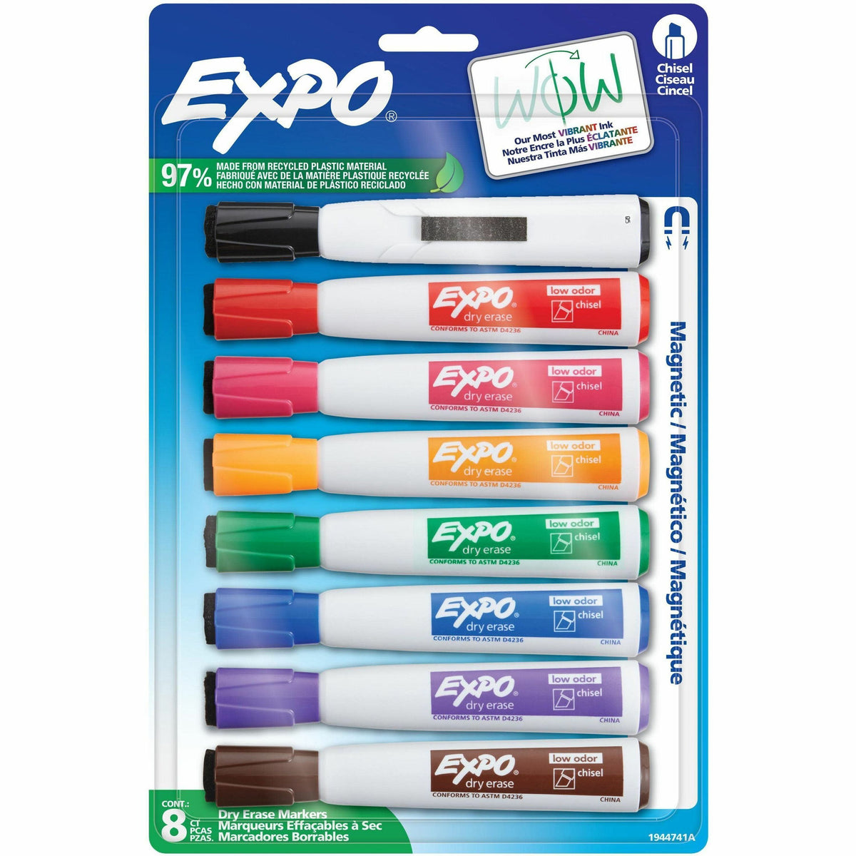 Expo Magnetic Dry Erase Markers with Eraser Chisel Assorted Colours 8/pkg - Erasable - Assorted Ink/ - 8 / Pack