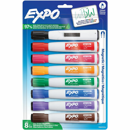 Expo Magnetic Dry Erase Markers with Eraser Chisel Assorted Colours 8/pkg - Erasable - Assorted Ink/ - 8 / Pack