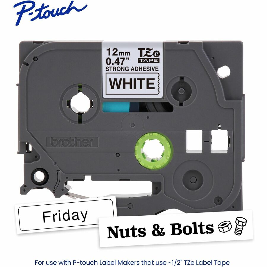 P-touch Genuine TZeS231 BK on WHT Label Tape, Strong Adhesive Lam., 12mmX8m - 15/32" Width - White - Laminated - Water R