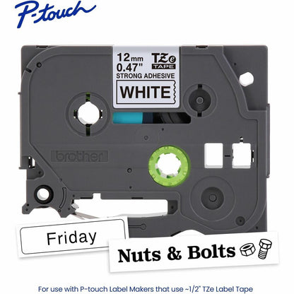 P-touch Genuine TZeS231 BK on WHT Label Tape, Strong Adhesive Lam., 12mmX8m - 15/32" Width - White - Laminated - Water R