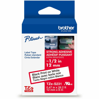 P-touch Genuine TZeS231 BK on WHT Label Tape, Strong Adhesive Lam., 12mmX8m - 15/32" Width - White - Laminated - Water R