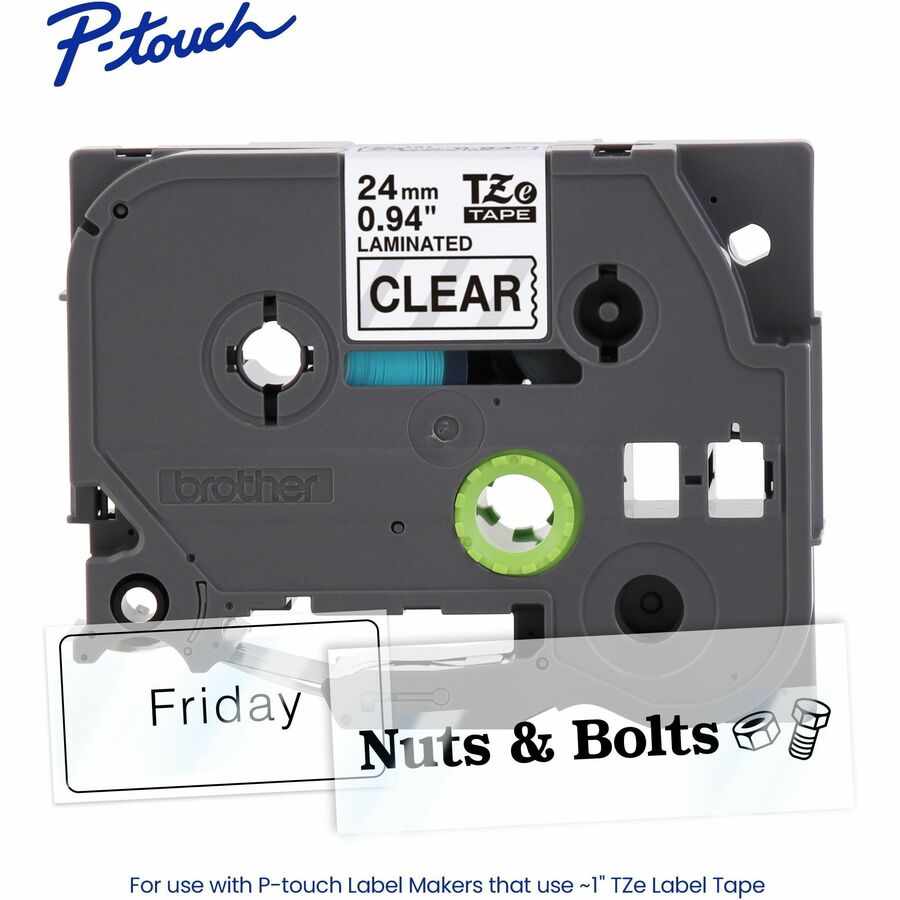 P-touch Genuine TZe151 BK on CLR Label Tape, Laminated, 24mmX8m - 15/16" Width - Clear - Laminated - Water Resistant - 1