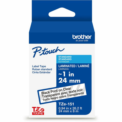 P-touch Genuine TZe151 BK on CLR Label Tape, Laminated, 24mmX8m - 15/16" Width - Clear - Laminated - Water Resistant - 1