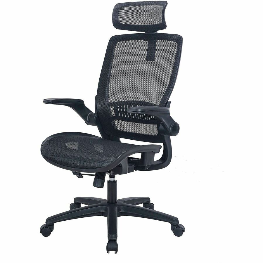 Lorell Lanser All-Mesh Chair with Flip-Up Arms - Mesh Seat Material - Mesh Back Material - High Back - 5-star Base - Bla
