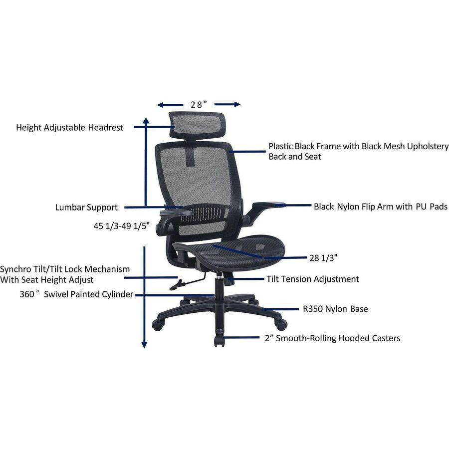 Lorell Lanser All-Mesh Chair with Flip-Up Arms - Mesh Seat Material - Mesh Back Material - High Back - 5-star Base - Bla