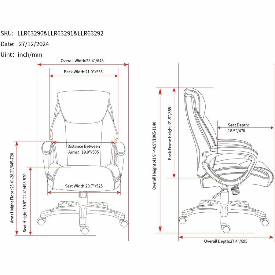 Lorell Kyros High-Back Executive Chair - Black Seat Color - Polyurethane Seat Material - Black Back Color - Polyurethane