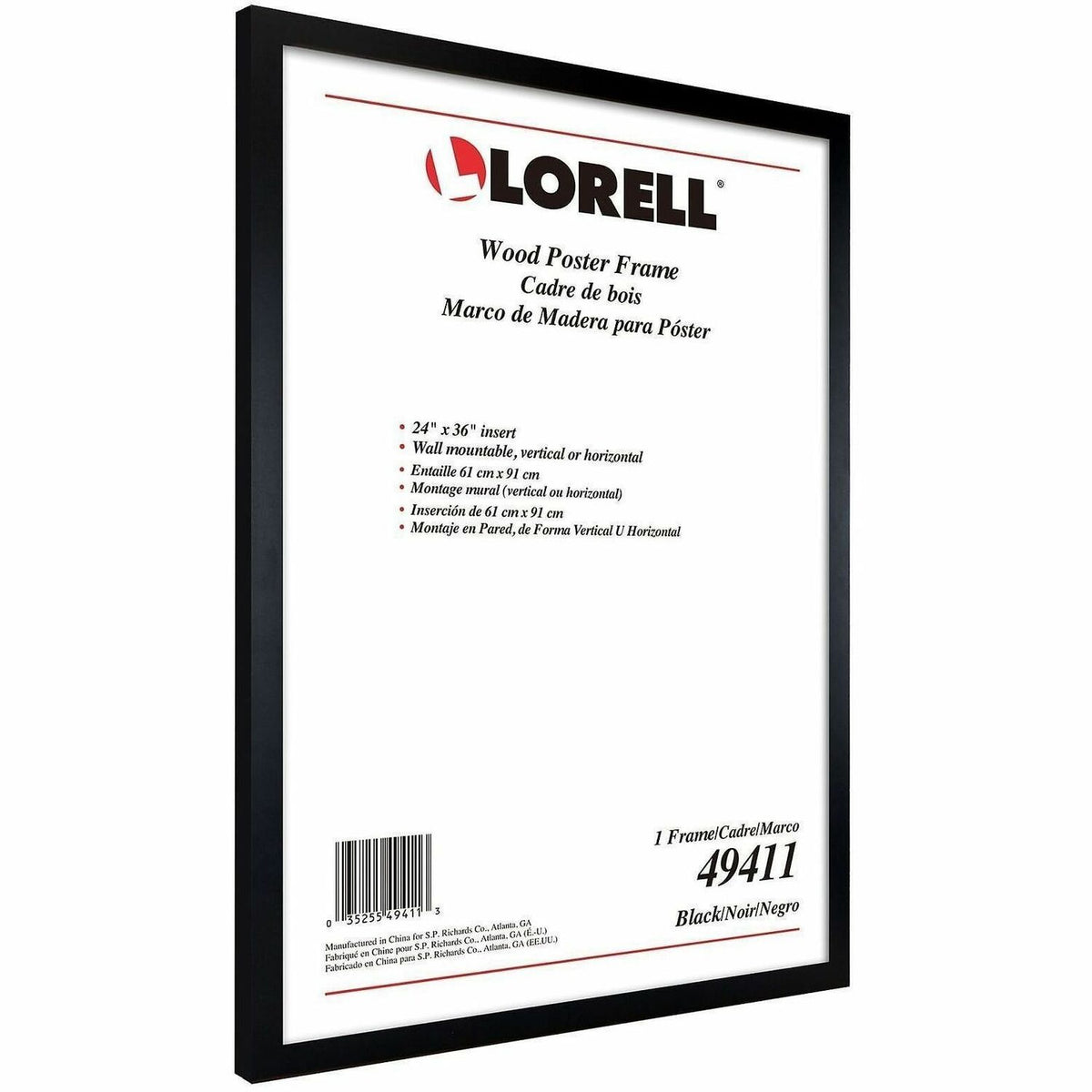 Lorell Wide Frame - 24" x 36" Frame Size - Rectangle - Wall Mountable - Vertical, Horizontal - Wood - Black - 1 Each
