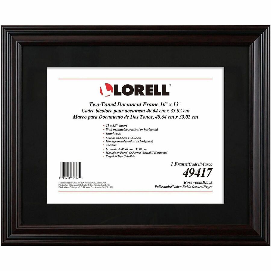 Lorell Two-toned Certificate Frame - 16" x 13" Frame Size - Desktop, Wall Mountable - Vertical, Horizontal - Black - 1 E