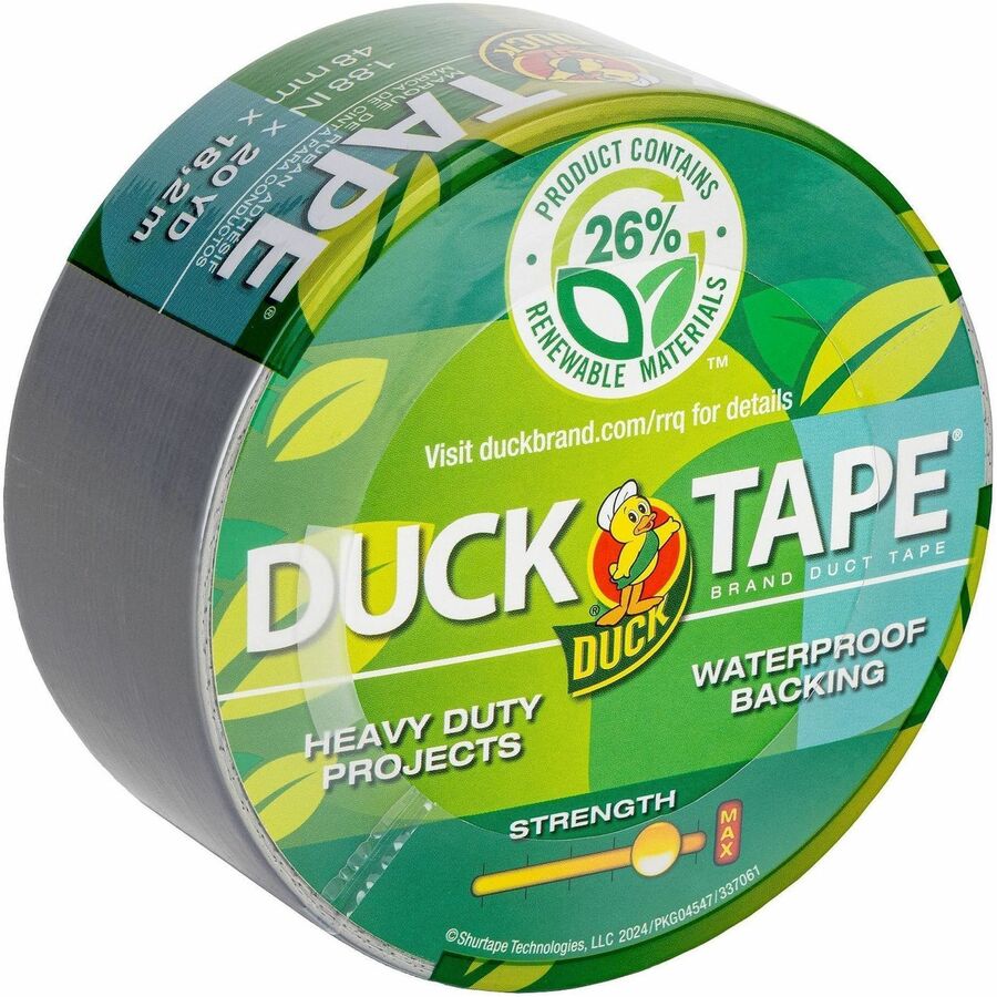 Duck Renewable Material Tape - 20 yd Length x 1.88" Width - Silver - Cloth Backing - Water Proof - For Indoor, Outdoor, 