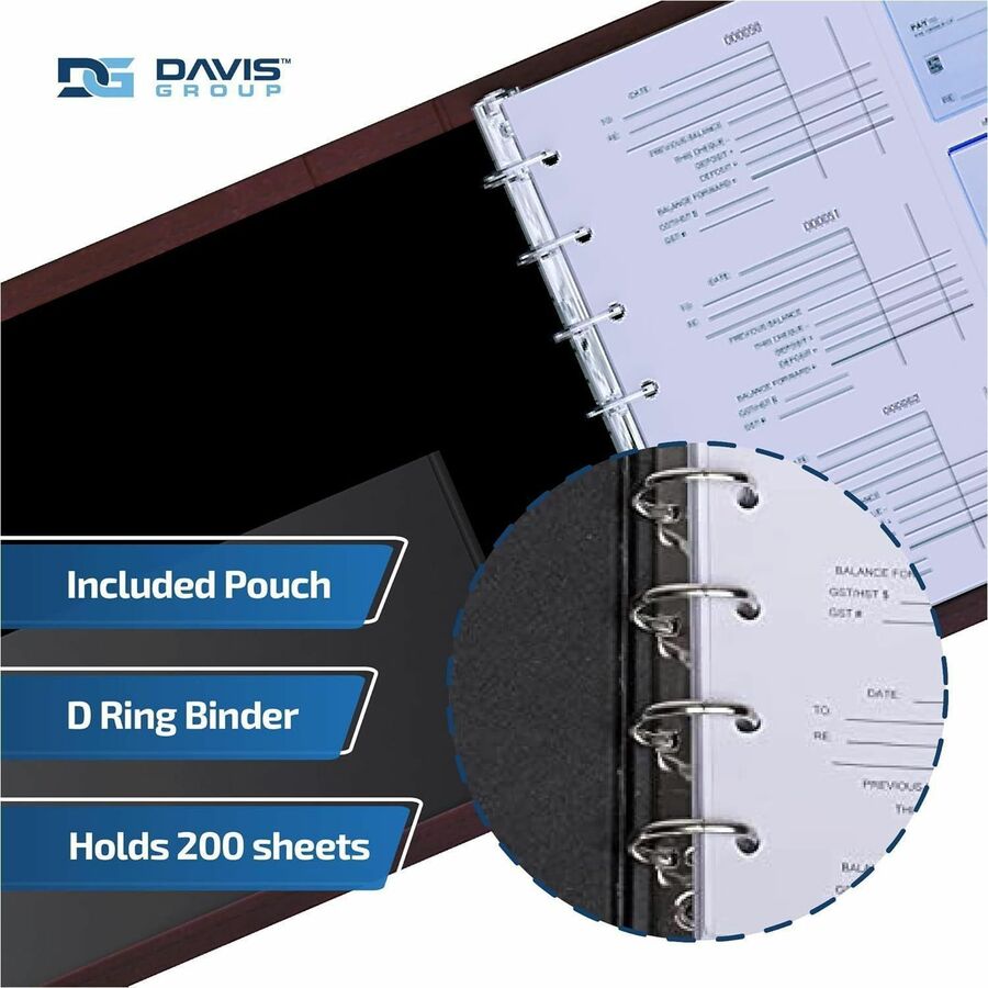 Davis Group Premium 3-Up Business Checkbook Binder - 200 Sheet Capacity - 7 Ring - Pocket: Internal - Vinyl - Burgundy -