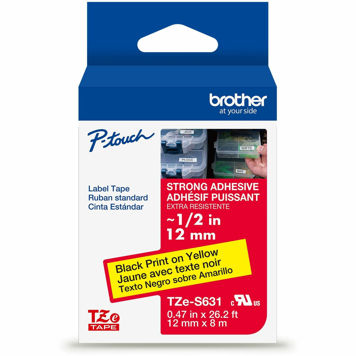 P-touch Genuine TZeS631 BK on YL Label Tape, Strong Adhesive Lam., 12mmX8m - 15/32" Width - Yellow - Laminated - Water R