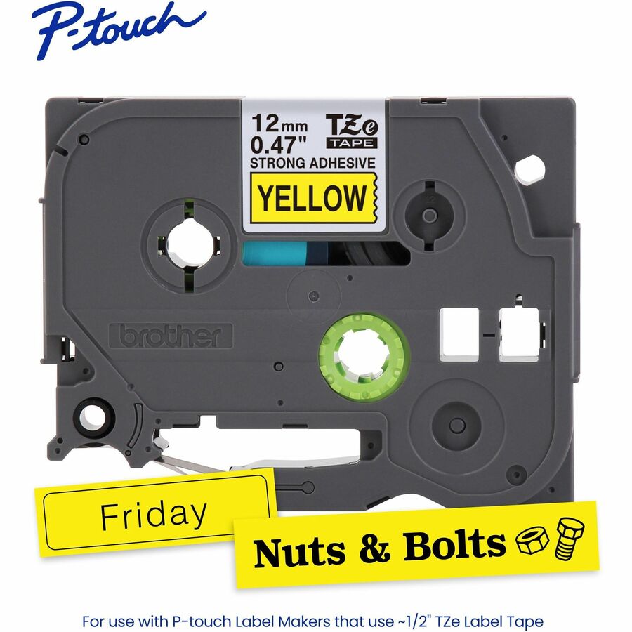 P-touch Genuine TZeS631 BK on YL Label Tape, Strong Adhesive Lam., 12mmX8m - 15/32" Width - Yellow - Laminated - Water R
