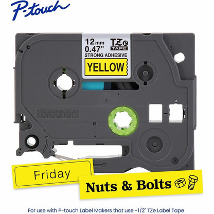 P-touch Genuine TZeS631 BK on YL Label Tape, Strong Adhesive Lam., 12mmX8m - 15/32" Width - Yellow - Laminated - Water R