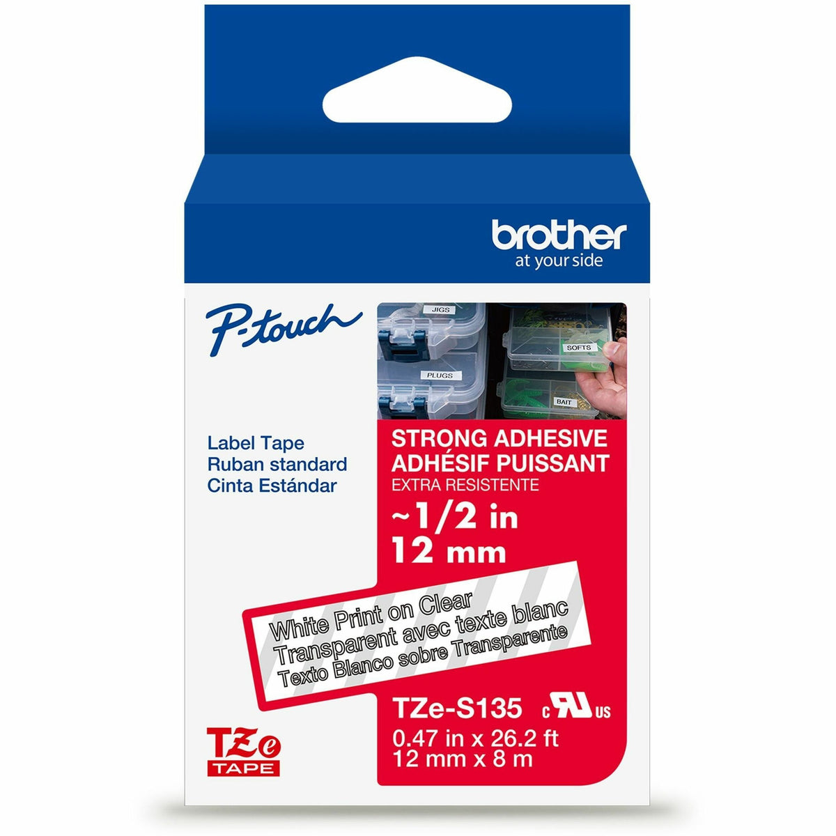 Brother Genuine P-touch TZeS135 WHT on CLR Label Tape, Strong Adhesive Lam., 12mmX8m - x 15/32" Width x 26 1/5 ft Length