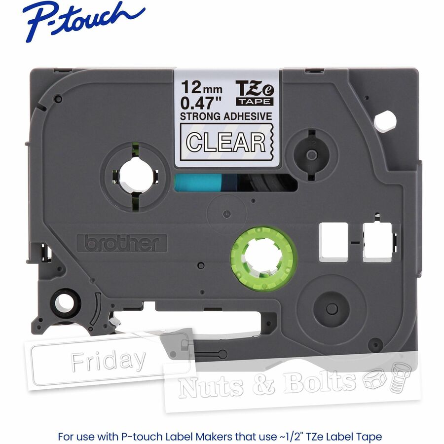 Brother Genuine P-touch TZeS135 WHT on CLR Label Tape, Strong Adhesive Lam., 12mmX8m - x 15/32" Width x 26 1/5 ft Length