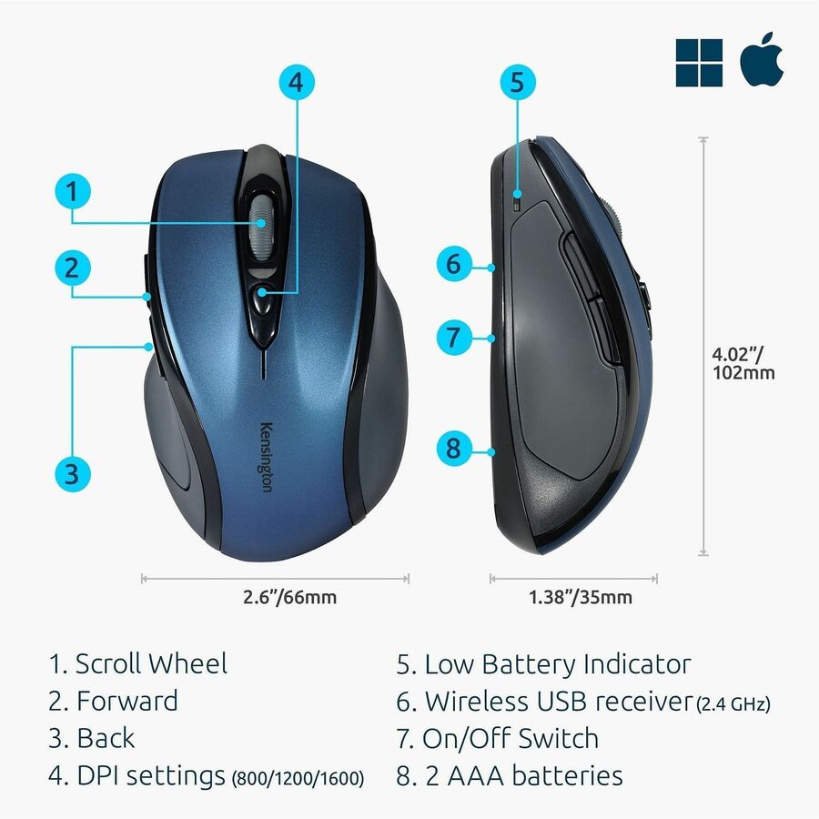 Kensington Pro Fit Mid-Size Wireless Mouse Saphire Blue - Optical - Wireless - Radio Frequency - 2.40 GHz - Sapphire Blu