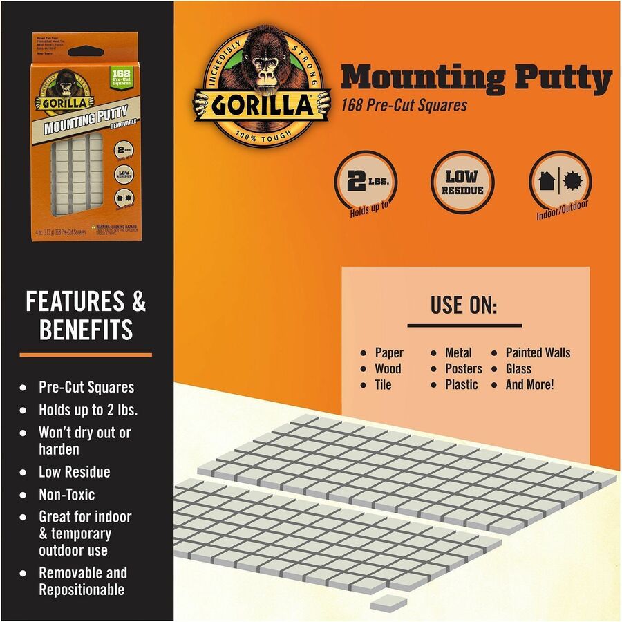 Gorilla Mounting Putty - Beige - For Indoor, Outdoor, Mounting, Paper, Wall, Wood, Tile, Metal, Glass - 168/Pack - 1 Eac