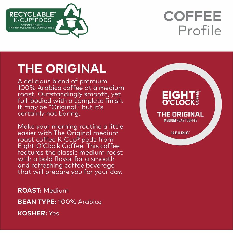 Eight O'Clock K-Cup Original Coffee - Compatible with Keurig Brewer - Medium - Per Box - K-Cup - The Original - Kosher -