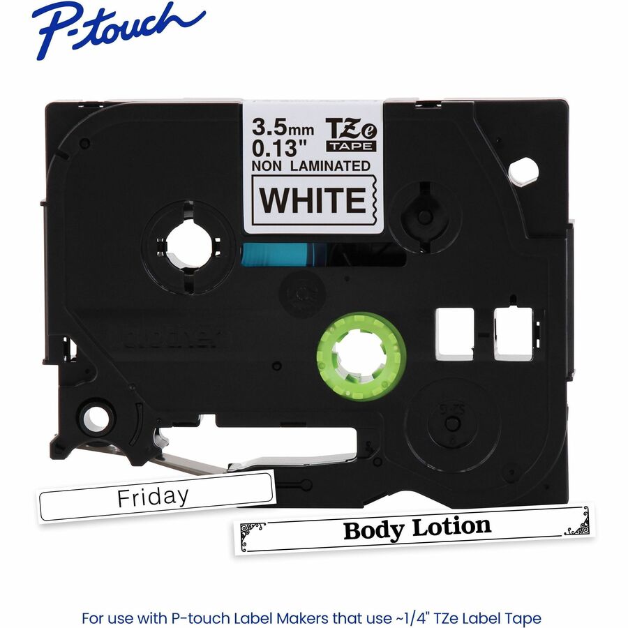 P-touch Genuine TZeN201 BK on WHT Narrow Non-Laminated Label Tape, 3.5mmX8m - 9/64" Width - White - Water Resistant - 1 