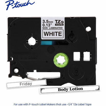 P-touch Genuine TZeN201 BK on WHT Narrow Non-Laminated Label Tape, 3.5mmX8m - 9/64" Width - White - Water Resistant - 1 