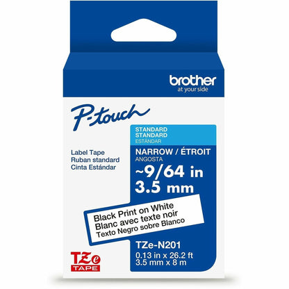 P-touch Genuine TZeN201 BK on WHT Narrow Non-Laminated Label Tape, 3.5mmX8m - 9/64" Width - White - Water Resistant - 1 
